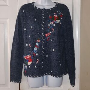 Cappagallo  blue button down winter snowman holiday cardigan Sz M NWT